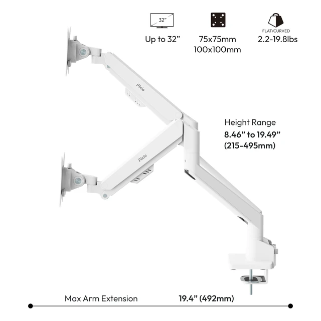 Alt view image 4 of 7 - Pixio PS1D Wave White Dual Monitor Arm Stand Desk Mount - Fits up to 32 inches Monitors and up to 19.8lbs. VESA Compatibility and Integrated Cable Management