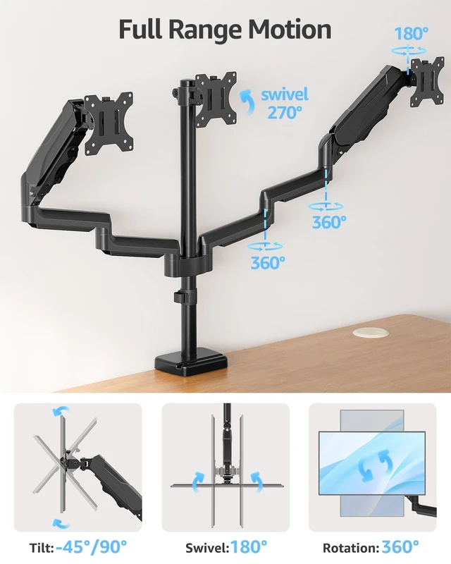 Alt view image 4 of 7 - MOUNTUP Triple Monitor Stand Mount - 3 Monitors Desk Mount for Computer Screens Up to 27 inch, Triple Monitor Arm, Heavy Duty Monitors Stand, Each Arm Holds 4.4-19.8 lbs, Black