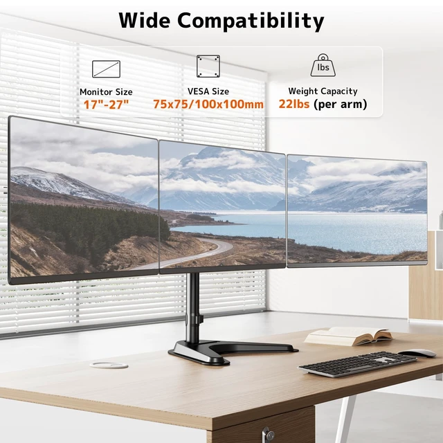 Alt view image 2 of 7 - Triple Monitor Stand, Full Motion Arm Fits up to 27 inch | Free standing, Cable Management, 22 lbs Weight Capacity per Arm, 75/100 mm VESA, Black
