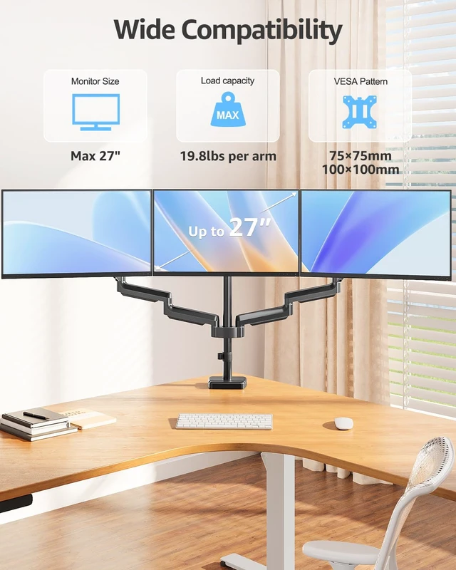 Alt view image 2 of 7 - MOUNTUP Triple Monitor Stand Mount - 3 Monitors Desk Mount for Computer Screens Up to 27 inch, Triple Monitor Arm, Heavy Duty Monitors Stand, Each Arm Holds 4.4-19.8 lbs, Black