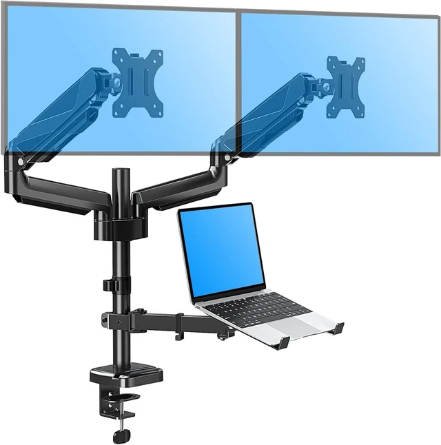 Main image of MOUNTUP Dual Monitor and Laptop Mount, Adjustable Monitor Stand for 2 Max 27" Computer Screens, Laptop Tray Fits 10-17inch Notebook, Holds 4.4-17.6lbs Per Arm, 3-in-1 Adjustable Monitor Desk Mount