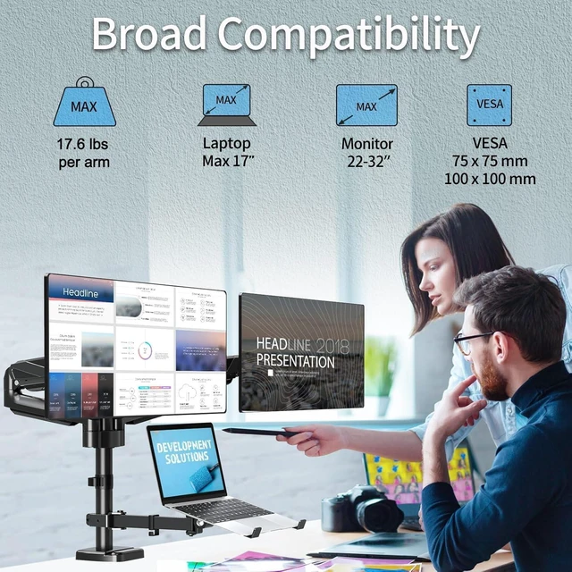 Alt view image 2 of 7 - MOUNTUP Dual Monitor and Laptop Mount, Adjustable Monitor Stand for 2 Max 27" Computer Screens, Laptop Tray Fits 10-17inch Notebook, Holds 4.4-17.6lbs Per Arm, 3-in-1 Adjustable Monitor Desk Mount