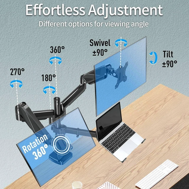 Alt view image 3 of 7 - MOUNTUP Dual Monitor and Laptop Mount, Adjustable Monitor Stand for 2 Max 27" Computer Screens, Laptop Tray Fits 10-17inch Notebook, Holds 4.4-17.6lbs Per Arm, 3-in-1 Adjustable Monitor Desk Mount