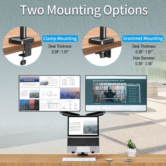 Alt view image 6 of 7 - MOUNTUP Dual Monitor and Laptop Mount, Adjustable Monitor Stand for 2 Max 27" Computer Screens, Laptop Tray Fits 10-17inch Notebook, Holds 4.4-17.6lbs Per Arm, 3-in-1 Adjustable Monitor Desk Mount