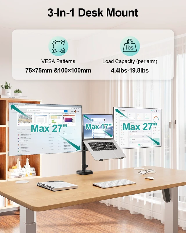 Alt view image 2 of 7 - MOUNT PRO Dual Monitor and Laptop Mount for Max 27" Monitors & 17" Laptop | 3-in-1 Adjustable Laptop and Monitor Desk Mount Holds up to 19.8lbs, VESA 75x75mm/100x100mm, Egonomic Setup for Home Office