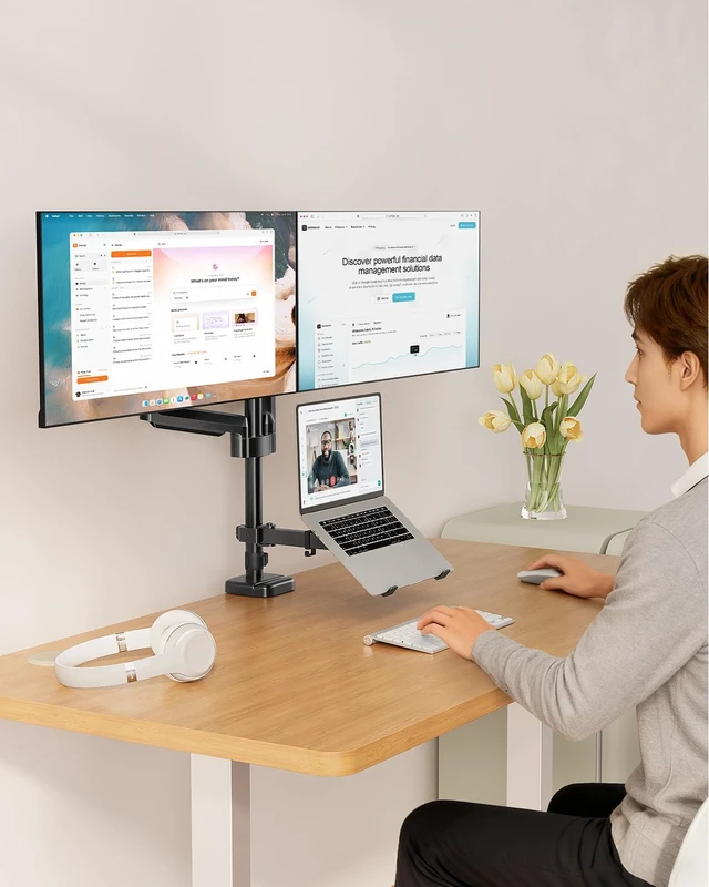 Alt view image 6 of 7 - MOUNT PRO Dual Monitor and Laptop Mount for Max 27" Monitors & 17" Laptop | 3-in-1 Adjustable Laptop and Monitor Desk Mount Holds up to 19.8lbs, VESA 75x75mm/100x100mm, Egonomic Setup for Home Office