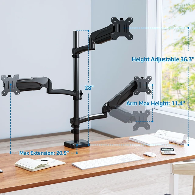 Alt view image 7 of 7 - ErgoFocus Triple Monitor Mount Fits Max 32" Computer Screen Triple Stand | Holds up to 17.6lbs Each Arm, 3 Monitor Desk Mount, Triple Arm with Tilt Swivel Rotation, VESA Mount 75/100mm