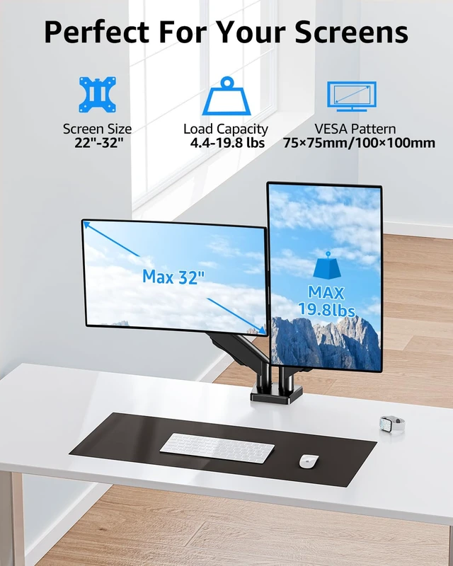 Alt view image 2 of 7 - Dual Monitor Stand fits up to 32 inch, 4.4-19.8 lbs Computer Screens, Dual Monitor Desk Mount Height Adjustable, Monitor Arms for 2 Monitors, Home Office VESA Mounts, Freelift Black