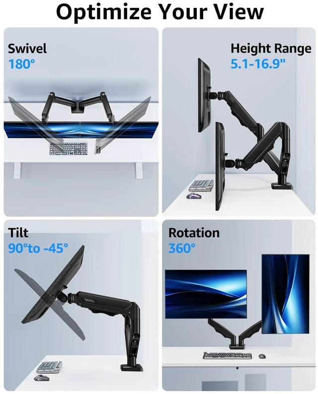 Alt view image 6 of 7 - Dual Monitor Stand fits up to 32 inch, 4.4-19.8 lbs Computer Screens, Dual Monitor Desk Mount Height Adjustable, Monitor Arms for 2 Monitors, Home Office VESA Mounts, Freelift Black