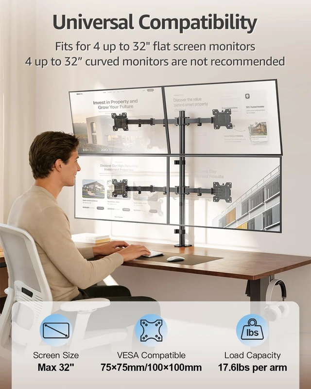 Alt view image 2 of 7 - MOUNTUP Quad Monitor Stand, 4 Monitors Desk Mount for 17 to 32 inch Computer Screens, Fully Adjustable Stacked Mount with Tilt Swivel, 4 Heavy Duty Monitor Mount, Holds up to 17.6lbs per Arm