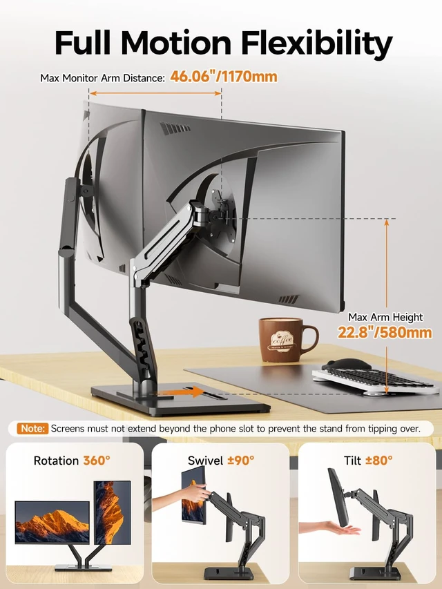 Alt view image 3 of 7 - Bracwiser Dual Monitor Stand Free Standing Desk Mount, Premium Dual Monitor Arm Fits Two Screens up to 40 inch 26.45 lbs Fully Adjustable Arms with Heavy-Duty Wooden Base, Max VESA 100x100mm (MLXSPC)