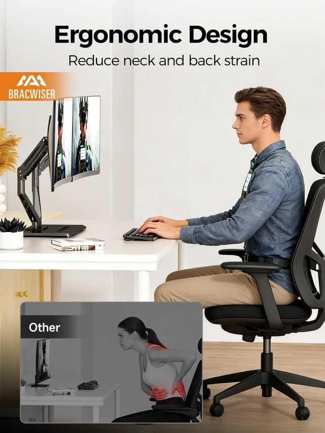 Alt view image 6 of 7 - Bracwiser Dual Monitor Stand Free Standing Desk Mount, Premium Dual Monitor Arm Fits Two Screens up to 40 inch 26.45 lbs Fully Adjustable Arms with Heavy-Duty Wooden Base, Max VESA 100x100mm (MLXSPC)
