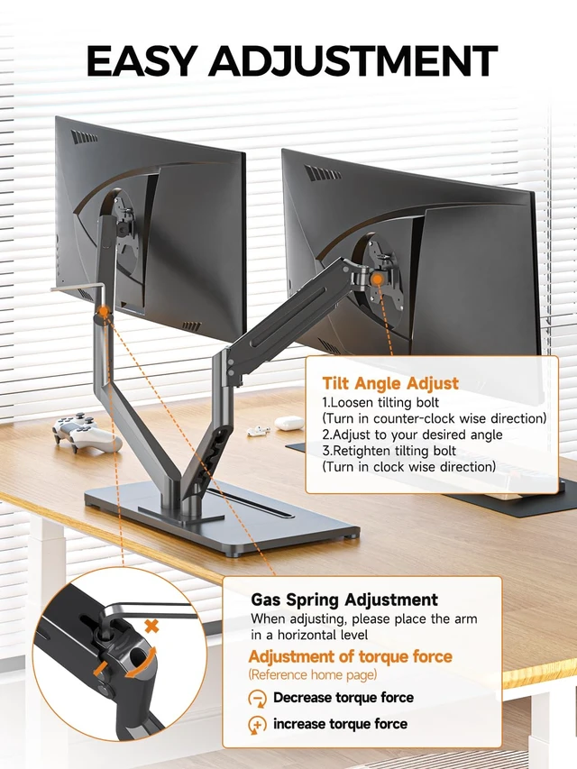 Alt view image 7 of 7 - Bracwiser Dual Monitor Stand Free Standing Desk Mount, Premium Dual Monitor Arm Fits Two Screens up to 40 inch 26.45 lbs Fully Adjustable Arms with Heavy-Duty Wooden Base, Max VESA 100x100mm (MLXSPC)