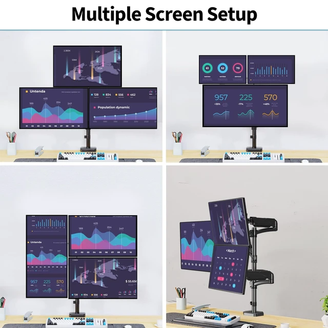 Alt view image 5 of 7 - ErgoFocus Triple Monitor Mount Fits Max 32" Computer Screen Triple Stand | Holds up to 17.6lbs Each Arm, 3 Monitor Desk Mount, Triple Arm with Tilt Swivel Rotation, VESA Mount 75/100mm