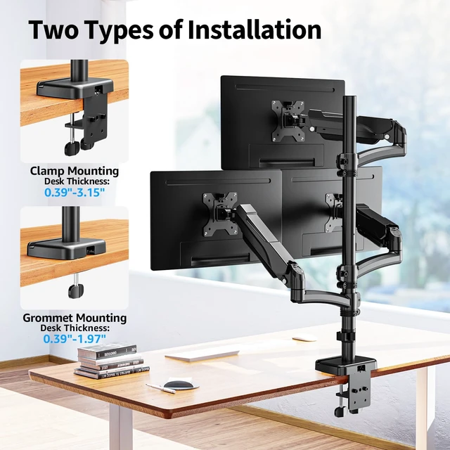 Alt view image 4 of 7 - ErgoFocus Triple Monitor Mount Fits Max 32" Computer Screen Triple Stand | Holds up to 17.6lbs Each Arm, 3 Monitor Desk Mount, Triple Arm with Tilt Swivel Rotation, VESA Mount 75/100mm