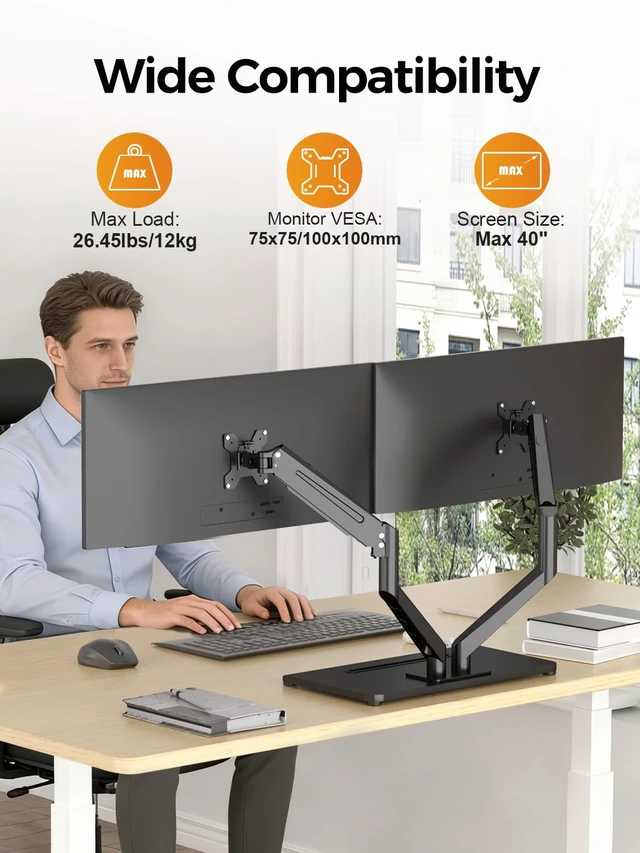 Alt view image 2 of 7 - Bracwiser Dual Monitor Stand Free Standing Desk Mount, Premium Dual Monitor Arm Fits Two Screens up to 40 inch 26.45 lbs Fully Adjustable Arms with Heavy-Duty Wooden Base, Max VESA 100x100mm (MLXSPC)