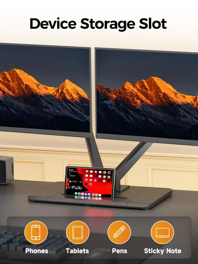 Alt view image 5 of 7 - Bracwiser Dual Monitor Stand Free Standing Desk Mount, Premium Dual Monitor Arm Fits Two Screens up to 40 inch 26.45 lbs Fully Adjustable Arms with Heavy-Duty Wooden Base, Max VESA 100x100mm (MLXSPC)