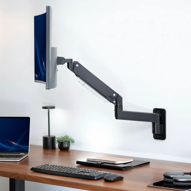 Alt view image 2 of 7 - VIVO Black Monitor Arm Wall Mount, Up to 49 in Ultrawides, MOUNT-V101G1 | Premium Aluminum, Heavy Duty, Single Wall Mount, Counterbalance Pneumatic Height, Max VESA 100x100mm, Holds 44 lbs