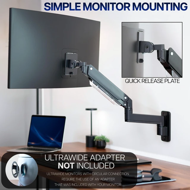 Alt view image 6 of 7 - VIVO Black Monitor Arm Wall Mount, Up to 49 in Ultrawides, MOUNT-V101G1 | Premium Aluminum, Heavy Duty, Single Wall Mount, Counterbalance Pneumatic Height, Max VESA 100x100mm, Holds 44 lbs