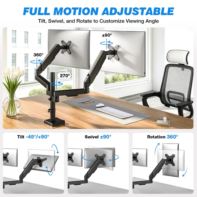 Alt view image 2 of 7 - Rfiver Dual Monitor Stand Desk Mount for 17-34" Screens Holds up to 22lbs | Full Motion Height Adjustable, Tilt/Swivel, 360 Rotation VESA 75/100mm, Compatible C-clamp/Grommet Base Install