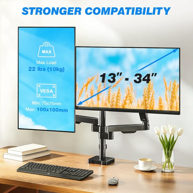 Alt view image 5 of 7 - Rfiver Dual Monitor Stand Desk Mount for 17-34" Screens Holds up to 22lbs | Full Motion Height Adjustable, Tilt/Swivel, 360 Rotation VESA 75/100mm, Compatible C-clamp/Grommet Base Install