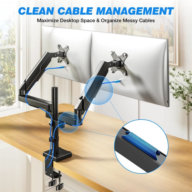 Alt view image 6 of 7 - Rfiver Dual Monitor Stand Desk Mount for 17-34" Screens Holds up to 22lbs | Full Motion Height Adjustable, Tilt/Swivel, 360 Rotation VESA 75/100mm, Compatible C-clamp/Grommet Base Install