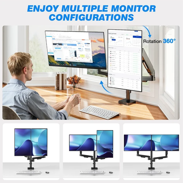 Alt view image 7 of 7 - Rfiver Dual Monitor Stand Desk Mount for 17-34" Screens Holds up to 22lbs | Full Motion Height Adjustable, Tilt/Swivel, 360 Rotation VESA 75/100mm, Compatible C-clamp/Grommet Base Install