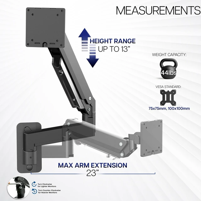 Alt view image 3 of 7 - VIVO Black Monitor Arm Wall Mount, Up to 49 in Ultrawides, MOUNT-V101G1 | Premium Aluminum, Heavy Duty, Single Wall Mount, Counterbalance Pneumatic Height, Max VESA 100x100mm, Holds 44 lbs