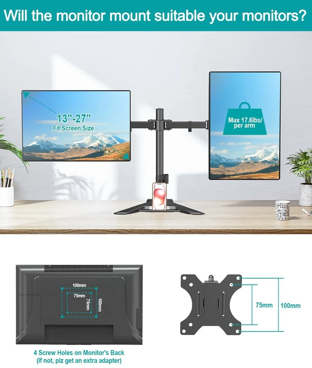 Alt view image 3 of 7 - MOUNT PRO Dual Monitor Stand, Free-Standing Full Motion Monitor Desk Mount Fits 2 Screens up to 27 inches,17.6lbs with Height Adjustable, Swivel, Tilt, Rotation, VESA 75x75 100x100, Black