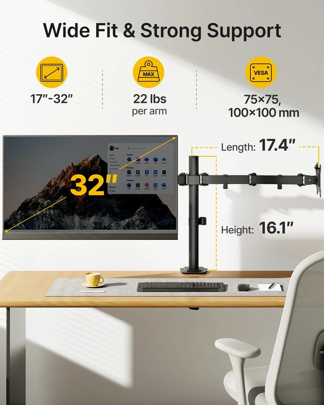 Alt view image 3 of 7 - monTEK Heavy-Duty Dual Monitor Stand for 17-32", 22 lbs Each | Adjustable dual monitor mount, full-motion arms, clamp/grommet bases, cable management and VESA 75/100