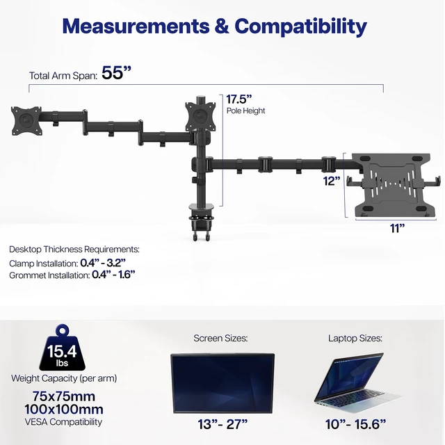 Alt view image 3 of 7 - VIVO Dual Monitor + Laptop Mount for 13 to 27 inch Screens and 10 to 15.6 inch Laptops, Triple Screen Viewing, Articulating Arms, Black, STAND-V013L