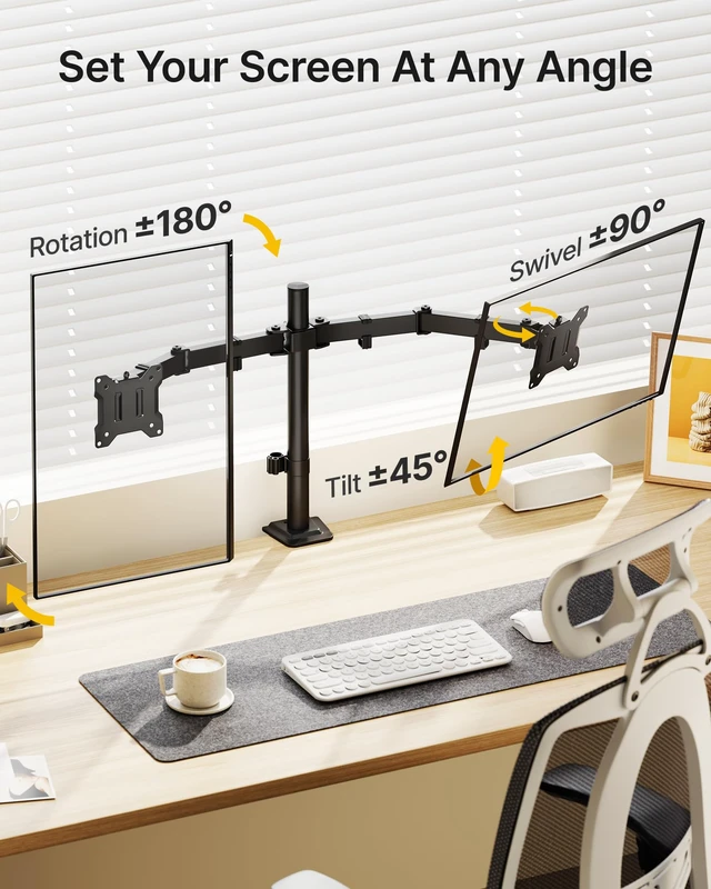 Alt view image 4 of 7 - monTEK Heavy-Duty Dual Monitor Stand for 17-32", 22 lbs Each | Adjustable dual monitor mount, full-motion arms, clamp/grommet bases, cable management and VESA 75/100