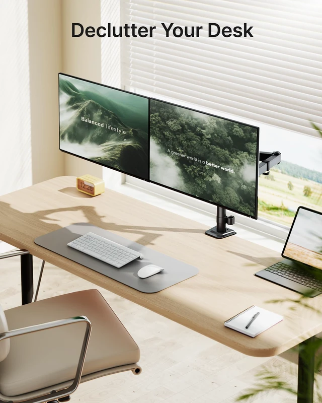 Alt view image 6 of 7 - monTEK Heavy-Duty Dual Monitor Stand for 17-32", 22 lbs Each | Adjustable dual monitor mount, full-motion arms, clamp/grommet bases, cable management and VESA 75/100