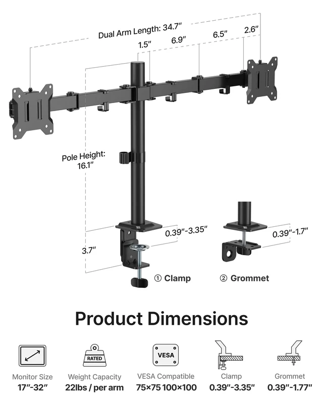 Alt view image 7 of 7 - monTEK Heavy-Duty Dual Monitor Stand for 17-32", 22 lbs Each | Adjustable dual monitor mount, full-motion arms, clamp/grommet bases, cable management and VESA 75/100