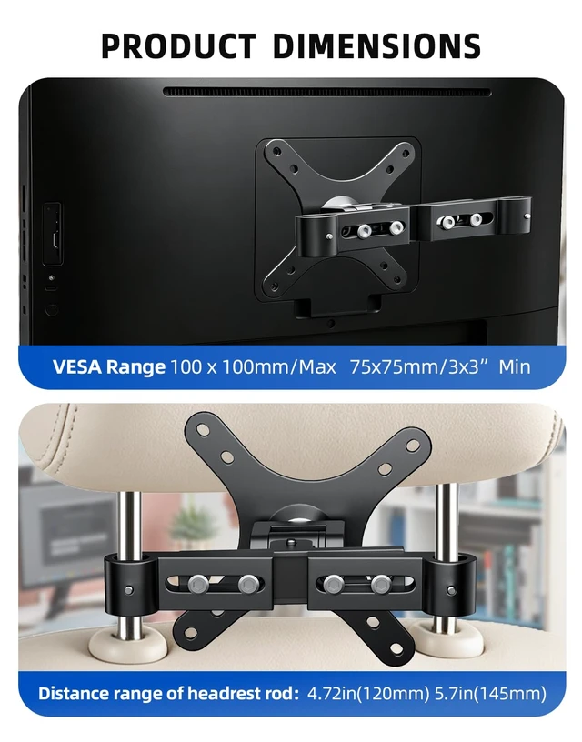Alt view image 4 of 7 - Car Headrest Monitor Mount,Universa VESA Monitor Stand13-24''Car Tv Mount | VESA 75x75-100x100mm,180° swivel for1324" up to30 lbs,portable monitor car holder,24 inch tv mount for car,monitor holder