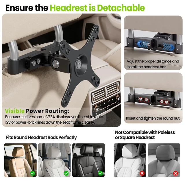 Alt view image 5 of 7 - Car Headrest Monitor Mount,Universa VESA Monitor Stand13-24''Car Tv Mount | VESA 75x75-100x100mm,180° swivel for1324" up to30 lbs,portable monitor car holder,24 inch tv mount for car,monitor holder