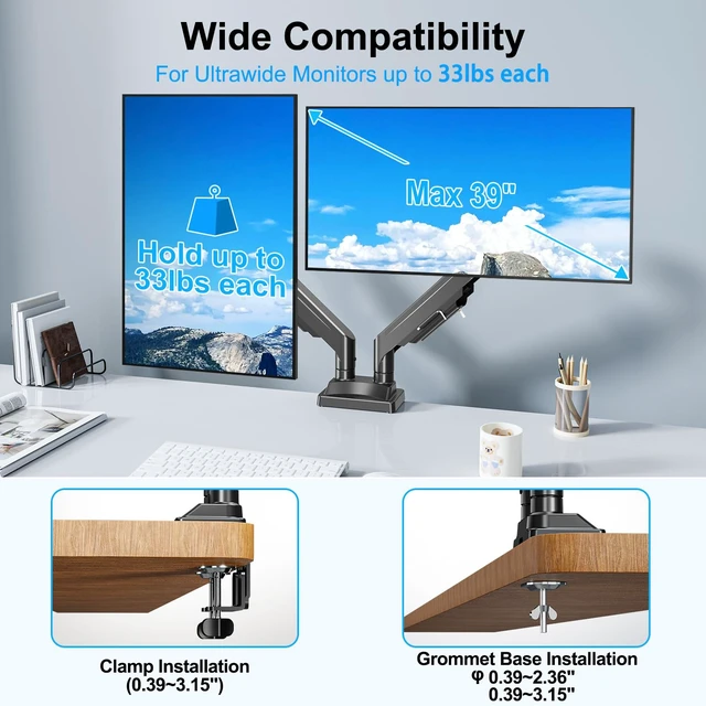 Alt view image 2 of 7 - ErgoFocus Dual Monitor Mount for Screens up to 43", Heavy Duty Monitor Arm | Ultrawide Desk Mount Holds 2.2-33lbs Each, Premium Gas Spring Adjustable Computer Monitor Arm for 2 Monitors, VESA Mount
