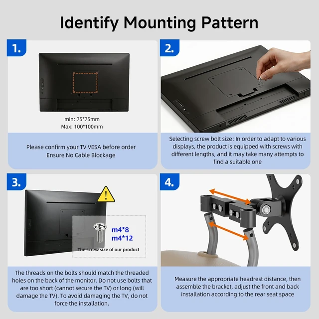 Alt view image 7 of 7 - Car Headrest Monitor Mount,Universa VESA Monitor Stand13-24''Car Tv Mount | VESA 75x75-100x100mm,180° swivel for1324" up to30 lbs,portable monitor car holder,24 inch tv mount for car,monitor holder
