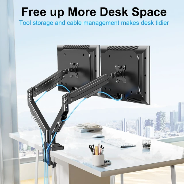 Alt view image 5 of 7 - ErgoFocus Dual Monitor Mount for Screens up to 43", Heavy Duty Monitor Arm | Ultrawide Desk Mount Holds 2.2-33lbs Each, Premium Gas Spring Adjustable Computer Monitor Arm for 2 Monitors, VESA Mount