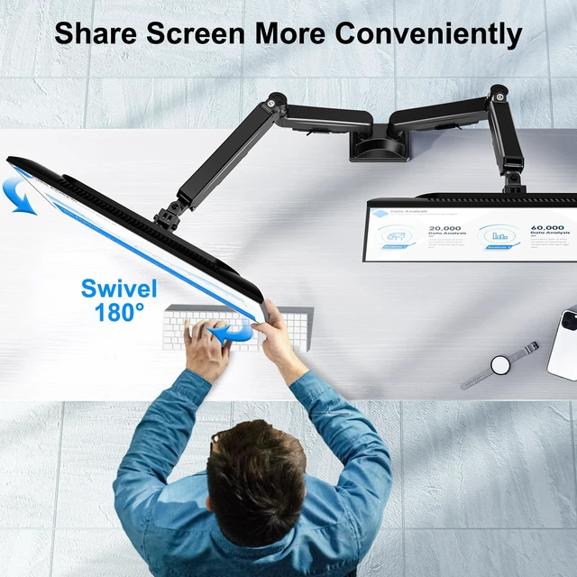 Alt view image 6 of 7 - ErgoFocus Dual Monitor Mount for Screens up to 43", Heavy Duty Monitor Arm | Ultrawide Desk Mount Holds 2.2-33lbs Each, Premium Gas Spring Adjustable Computer Monitor Arm for 2 Monitors, VESA Mount