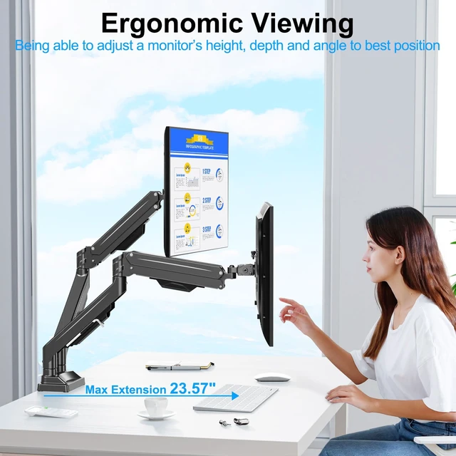 Alt view image 7 of 7 - ErgoFocus Dual Monitor Mount for Screens up to 43", Heavy Duty Monitor Arm | Ultrawide Desk Mount Holds 2.2-33lbs Each, Premium Gas Spring Adjustable Computer Monitor Arm for 2 Monitors, VESA Mount