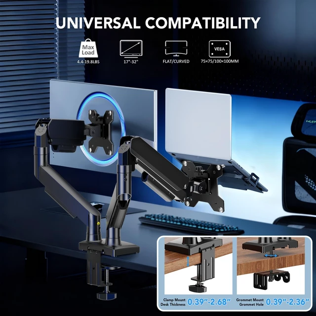 Alt view image 2 of 7 - Dual Monitor Stand, Adjustable Monitor Desk Mount for 1732 Computer Screens, Full Motion VESA 75x75/100x100 with C-Clamp & Grommet Aluminum Base, Each Arm Holds 4.4 to 20 lbs AX09DB201