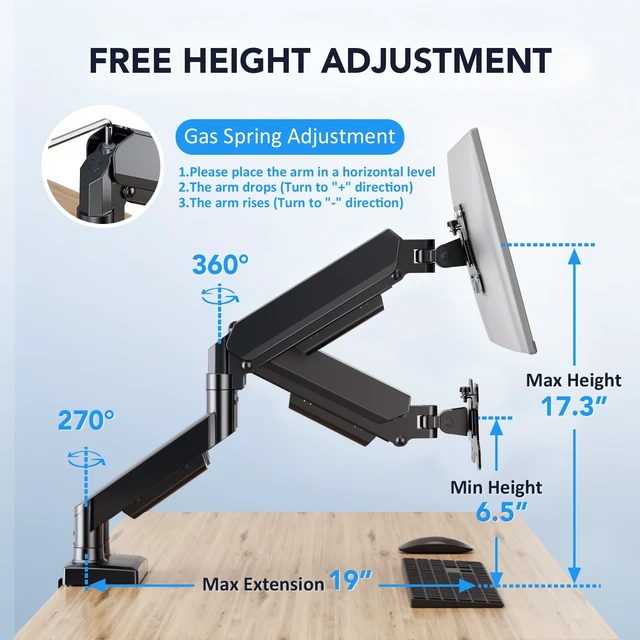 Alt view image 5 of 7 - Dual Monitor Stand, Adjustable Monitor Desk Mount for 1732 Computer Screens, Full Motion VESA 75x75/100x100 with C-Clamp & Grommet Aluminum Base, Each Arm Holds 4.4 to 20 lbs AX09DB201
