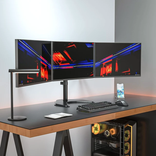 Alt view image 2 of 7 - WALI Triple Monitor Stand, Free Standing for 13-27 inch Screens,up to 22lbs | 3 monitor stand for desk, Adjustable, Full Motion with Tilt, Swivel, Rotation, Grommet Base, VESA 75/100mm (MF003)