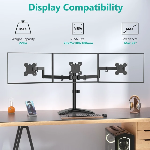 Alt view image 3 of 7 - WALI Triple Monitor Stand, Free Standing for 13-27 inch Screens,up to 22lbs | 3 monitor stand for desk, Adjustable, Full Motion with Tilt, Swivel, Rotation, Grommet Base, VESA 75/100mm (MF003)
