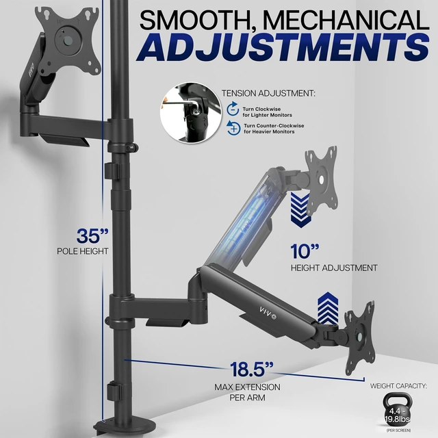 Alt view image 3 of 7 - VIVO Dual Monitor Arm Extra Tall Mount for Screens up to 32 inches, Mechanical Height Adjustment, Full Articulating Heavy Duty VESA Stand with Desk C-clamp and Grommet, STAND-V012K
