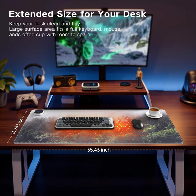 Alt view image 4 of 7 - iCasso Forest Heated Mousepad, 35.4"x15.7" Mouse Pad for Workspace | Dreamy Electric Hand Warmer Warm Mousepad for Classroom, Heated Desk Pad 4 Heating Levels for Gaming Office Workspace