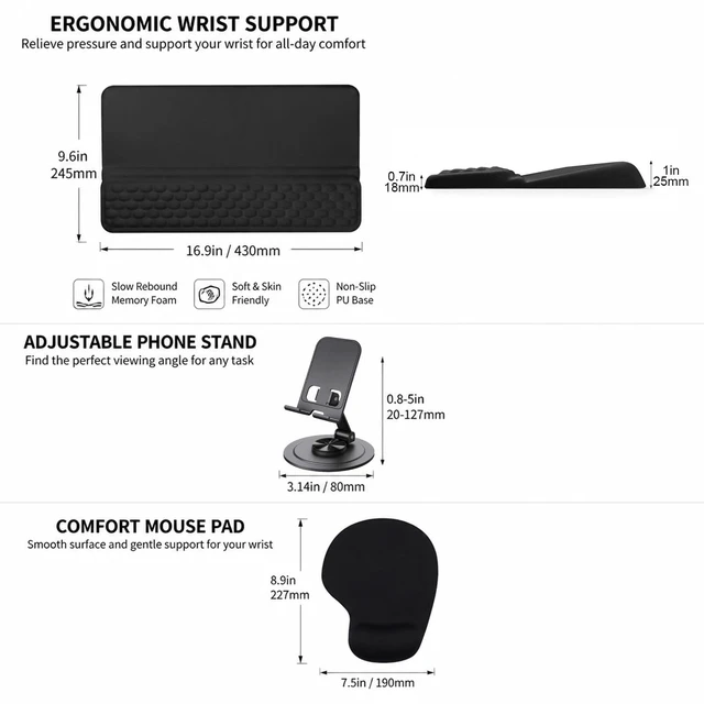 Alt view image 2 of 7 - Ergonomic Keyboard Wrist Rest, Metal Phone Stand, Mouse Pad with Wrist Rest | Desk Accessories for Men and Gamer Gifts, Ergonomic Keyboard Wrist Rest and Mouse Pad Wrist Support Set