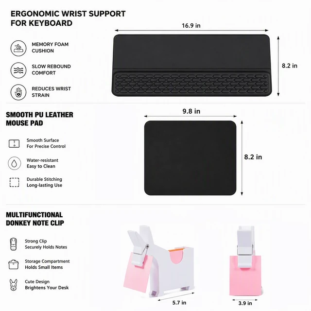 Alt view image 2 of 7 - Keyboard Wrist Rest with Mouse Pad and Memo Clip Holder for Desk Work | Ergonomic Keyboard Wrist Support with Desk Mouse Pad and Horse Memo Clip Holder for Computer, Office and Gaming Desks