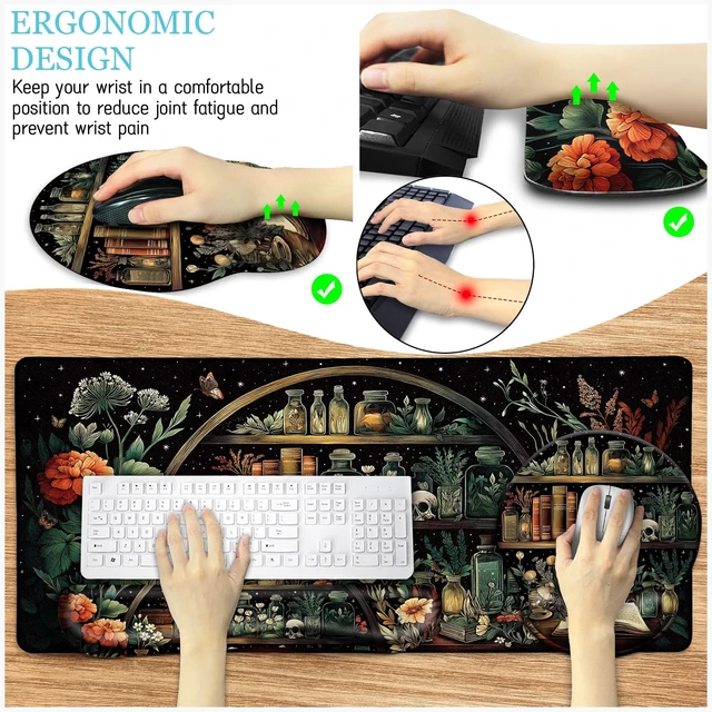 Alt view image 3 of 7 - LIMKRIAN Goth Skull Mouse Pad Set Large Desk Mat for Desktop Decor | Ergonomic Mouse Pad with Wrist Rest for Gaming, Keyboard Mat Wrist Support, Coaster, Gothic Office Desk Accessories Supplies